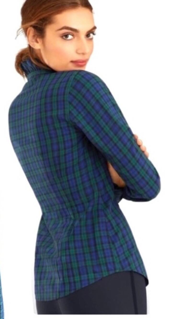 BROOKS BROTHERS Women's 8 Tartan Navy Plaid Long Sleeve Button Top Ruffle Neck